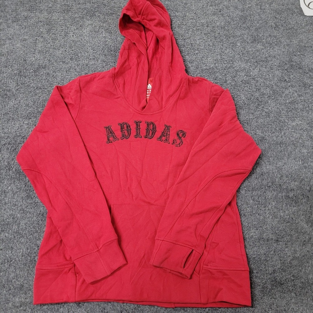 Adidas Hoodie Womens Size XL Red Graphic Logo Pullover Thumbhole Sweatshirt